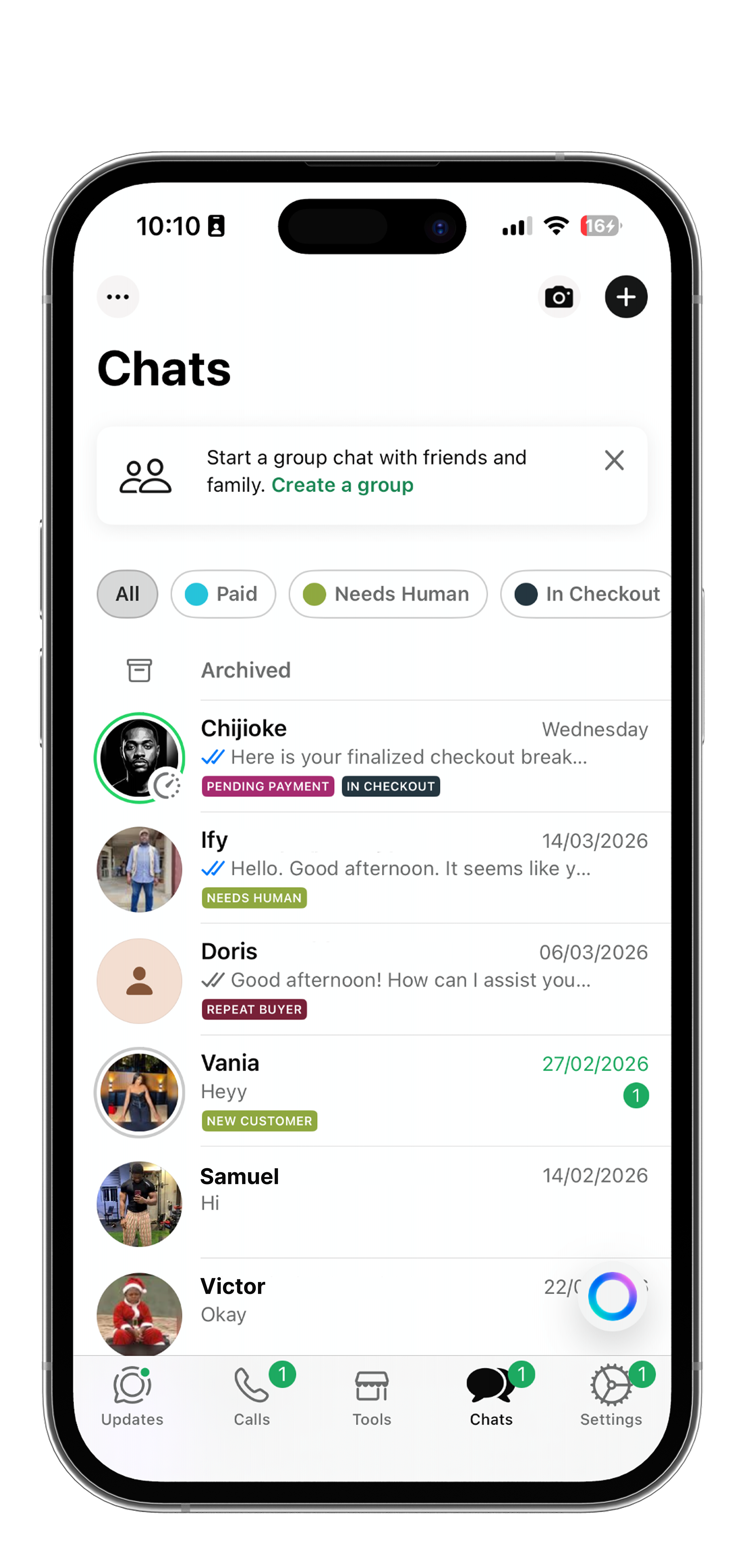 WhatsApp Business Interface mockup